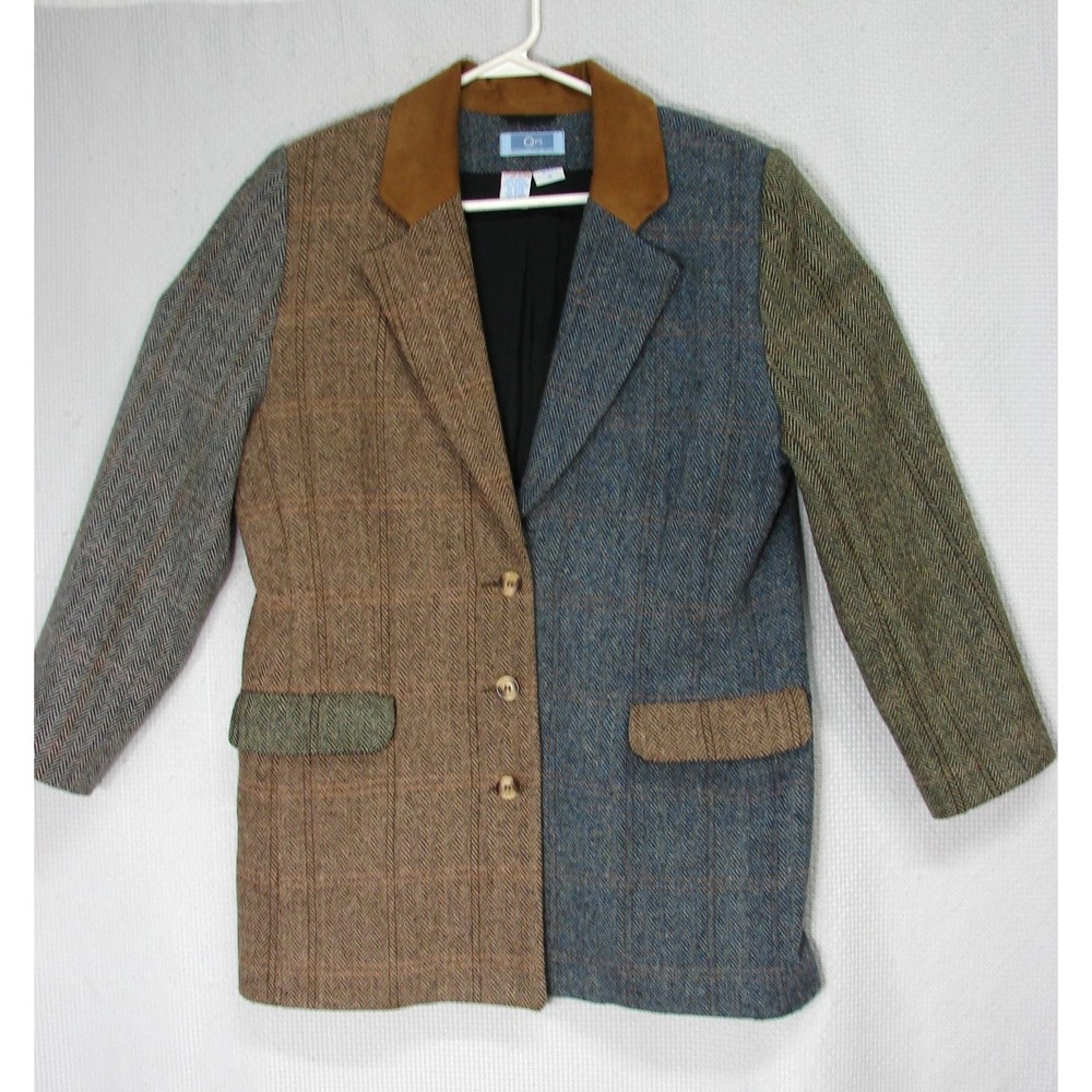 Vtg QPS Blazer Jacket Womens 10 Wool Blend Herringbone Tweed Patchwork 90s